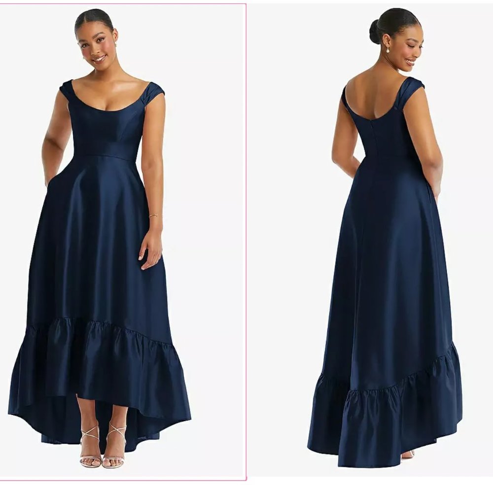 Alfred Sung Cap Sleeve Deep Ruffle Hem Satin Dress with Pockets - Navy - Size 2